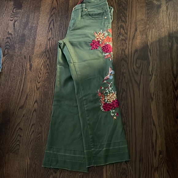 Army green cargo pants w/ colorful stitching. - Picture 3 of 3